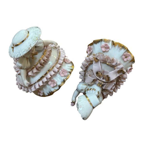 Lefton Bloomer Girls by Geo Z Figurine Gold Pink Dress 50s Victorian FLAW READ - Picture 13 of 13